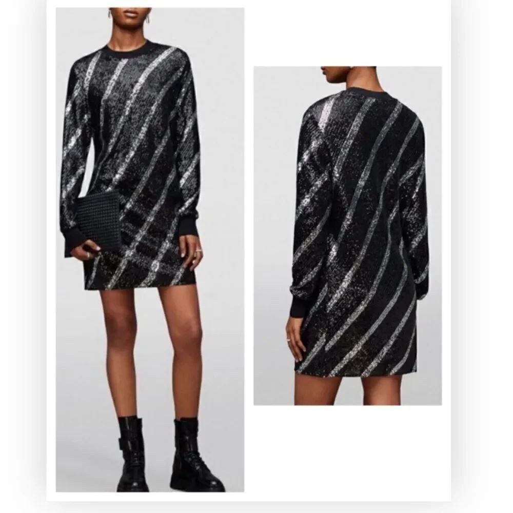 ALL SAINTS Embellished Juela Bowi Mini Dress Long Sleeve Pullover $278